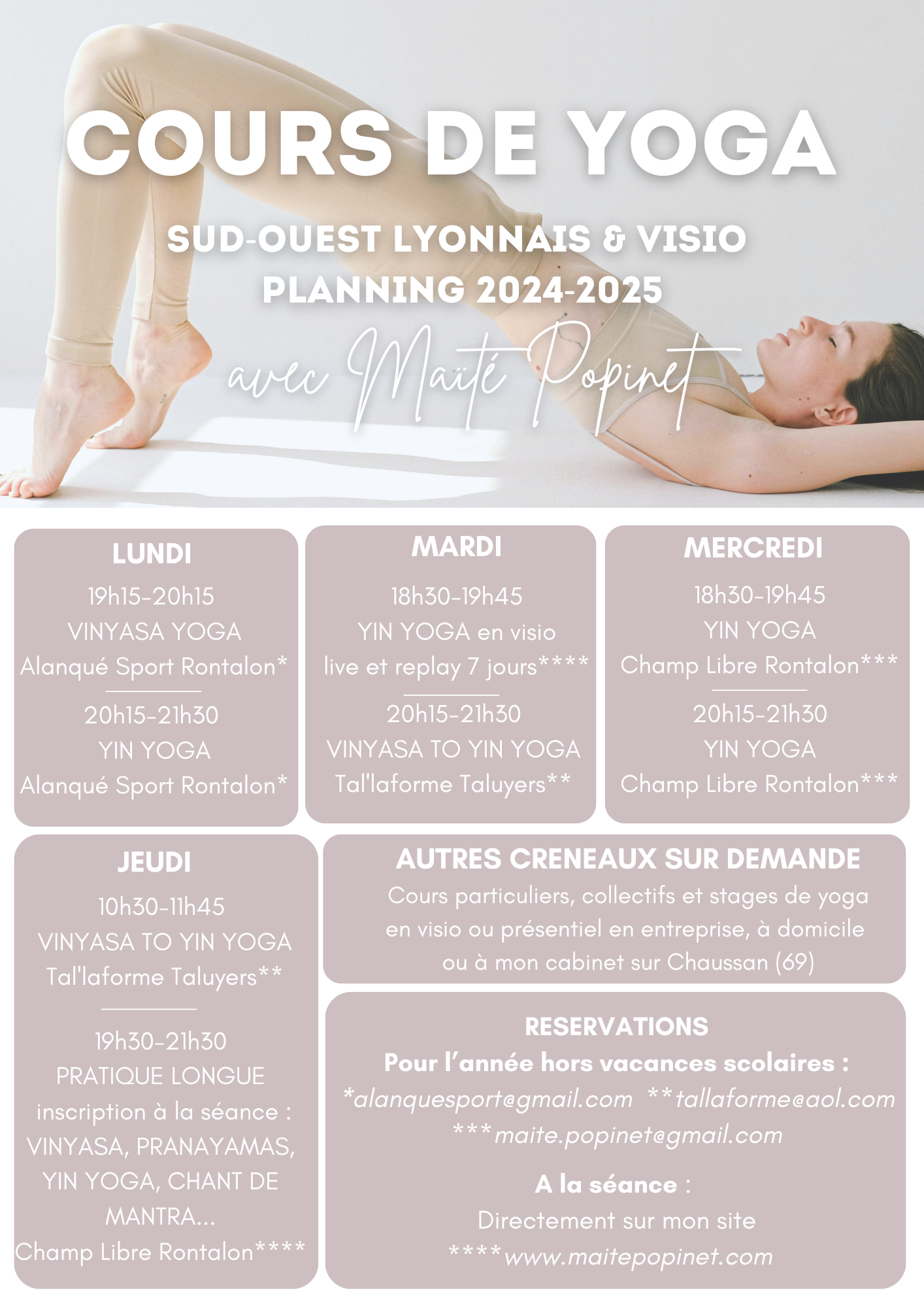 Planning cours de yoga collectifs hebdomadaires 2024-2025 dans le Sud Ouest Lyonnais / Monts du Lyonnais et en Visio avec Maïté Popinet : Yin yoga & Vinyasa yoga